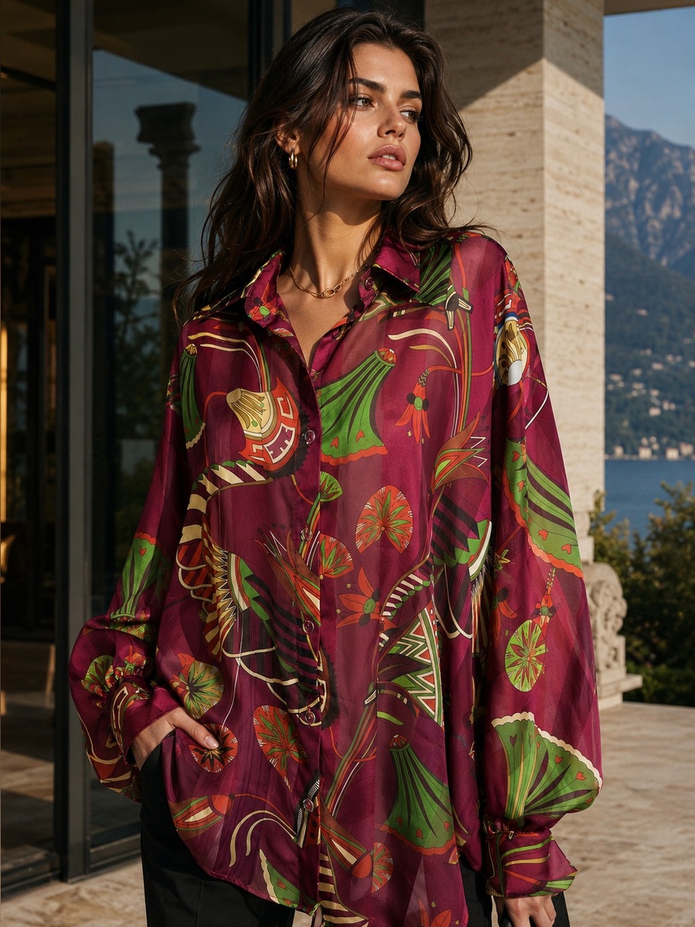 CQ BY CQ Burgundy Abstract Print Semi-Sheer Button Front Oversized Blouse, M.L